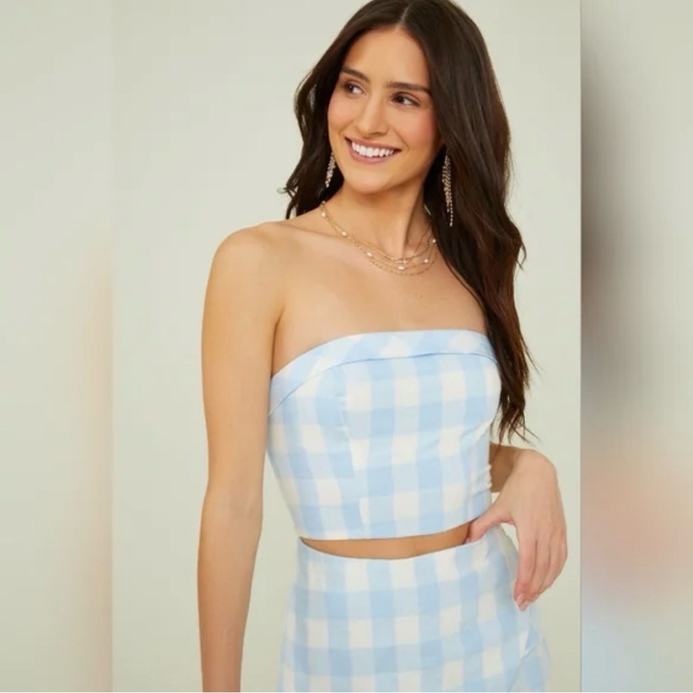 *NWT* Altar’d State Sallie Gingham Cropped Fitted Tube Top Blue White Size M